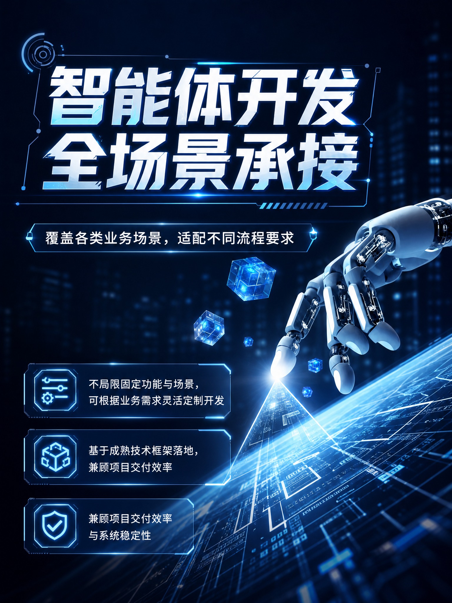 基于参考图的科技感背景与机械臂、发光立方体、全息电路板等视觉元… - 图片创意预览