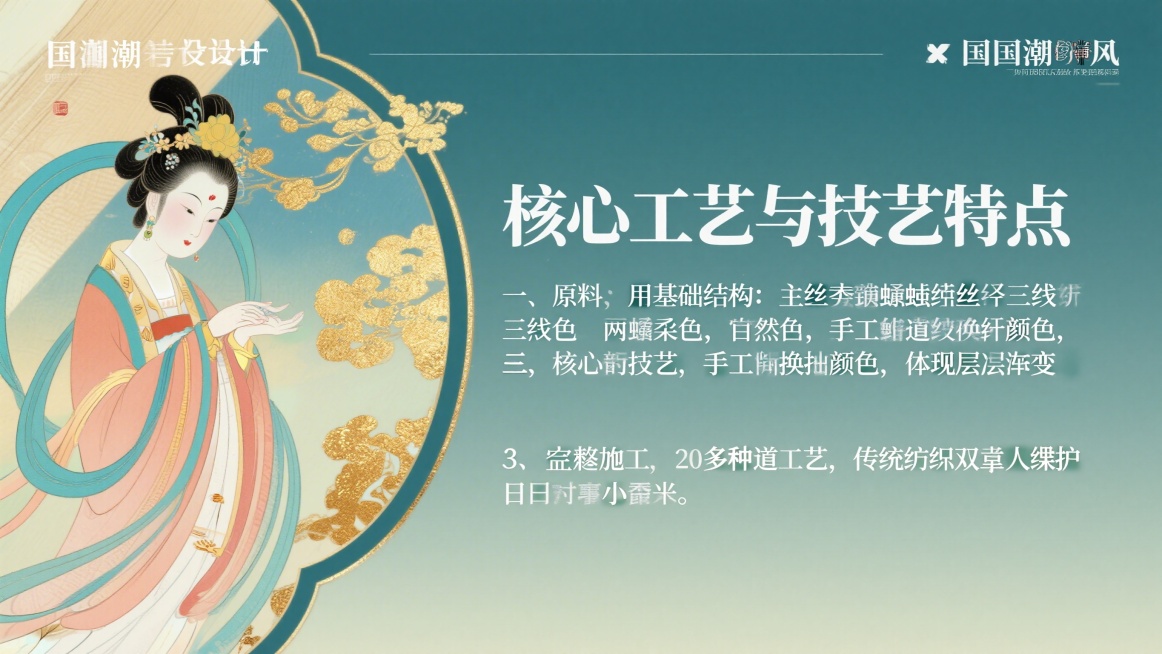 PPT页面设计，标题“核心工艺与技艺特点”，内容：一、原料与基础结构：主料优质桑蚕丝，辅以天然染料，三枚斜纹组织两经三纬；二、核心绝技：抛道换色，手工分段换梭换色，实现层次渐变；三、完整工序：20多道预览效果