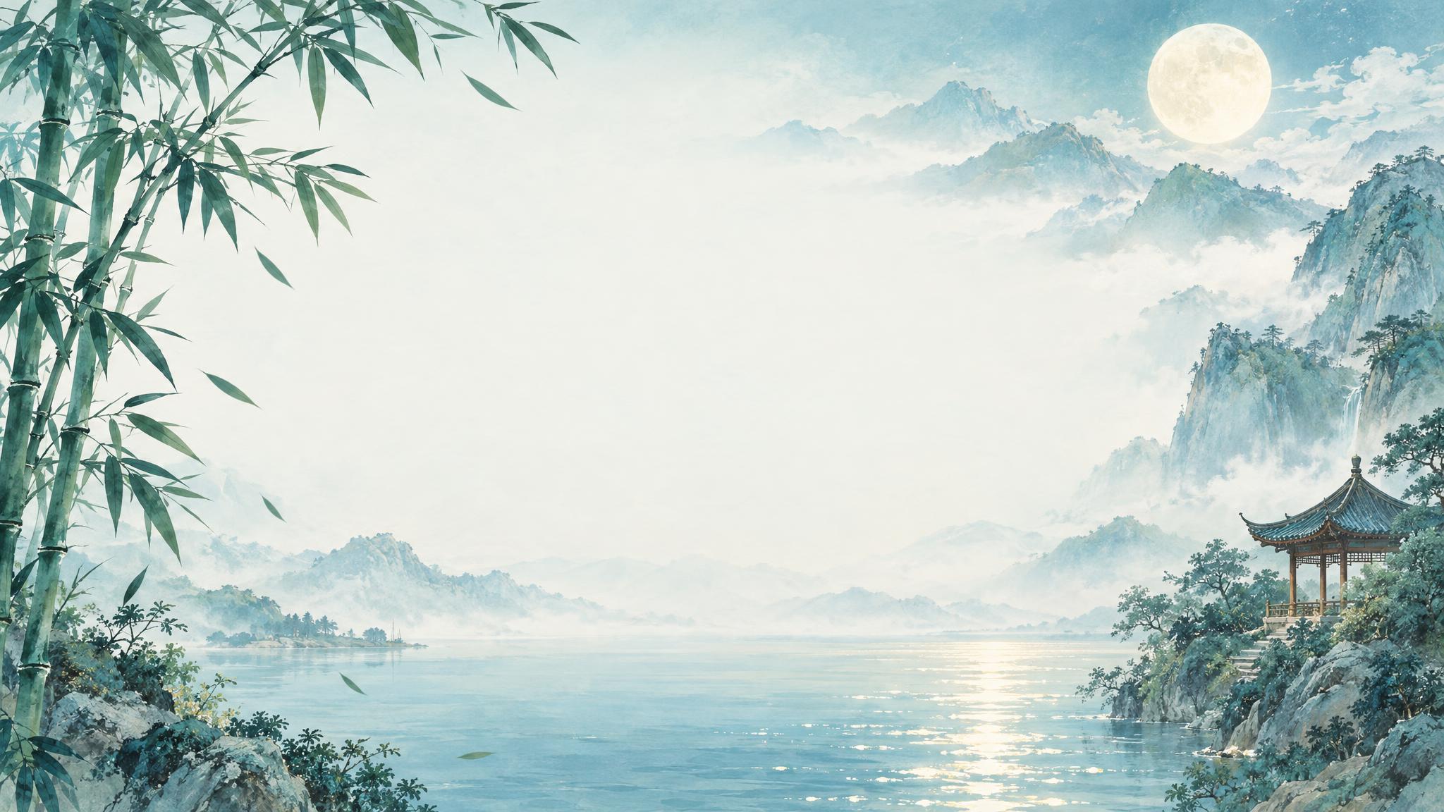 国风水彩插画风格PPT内页背景图，与朗诵比赛封面风格统一。画面… - 图片创意预览