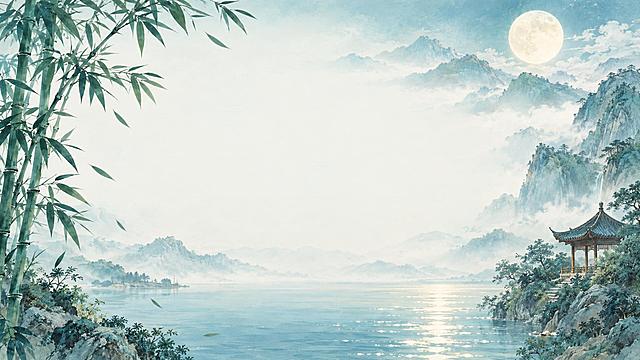 国风水彩插画风格PPT内页背景图，与朗诵比赛封面风格统一。画面以水墨山水为主体，远处层峦叠嶂的青山，山间云雾缭绕，一轮明月高悬天空，月光洒在水面上波光粼粼。左侧有几竿青翠的竹子随风摇曳，竹叶飘逸。右下角有一座古色古香的凉亭，半隐在山石树木之间。画面整体色调为淡雅的青蓝色系，温暖柔和的光影。画面中间位置留出大面积空白区域用于放置文字内容，装饰元素主要分布在画面四周和角落，构图简洁雅致，充满书香气息和古典韵味。