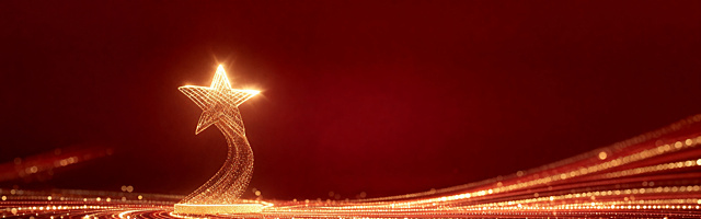 参考原图生成一模一样的海报，超长横板构图，深红色背景，左侧有一个金色粒子线条组成的星星雕塑，底部和右侧是金色粒子光效线条，去掉海报上的所有文字