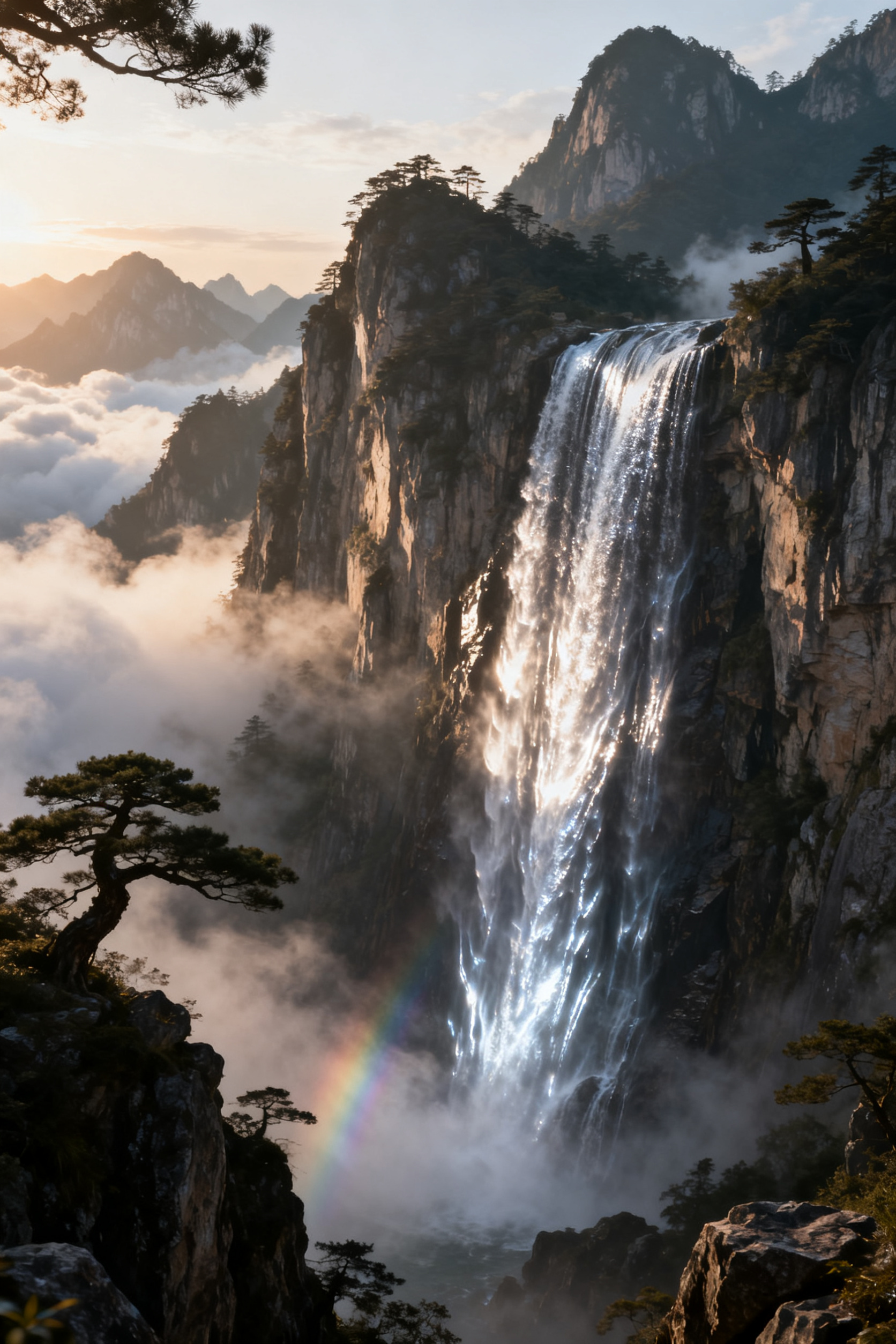 古风山水场景，巨大的瀑布从高耸入云的悬崖峭壁上飞流直下，水雾弥… - 图片创意预览