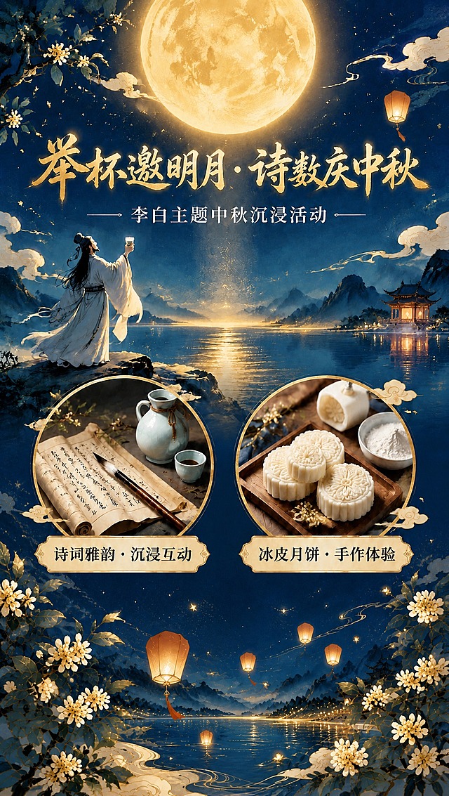 移除海报底部的"9月19日 周六 10:00-11:30"文字及两侧装饰元素，将下方的山水夜景、桂花枝、孔明灯等画面元素向上延伸填充，保持整体画面协调统一，保留原海报的所有其他内容：顶部金色大标题"举杯邀明月·诗数庆中秋"、副标题"李白主题中秋沉浸活动"、左侧李白举杯望月的人物形象、山水湖面背景、两个圆形活动板块（诗词雅韵·沉浸互动、冰皮月饼·手作体验），保持国潮古风风格，深蓝色夜空背景，金色文字，整体构图平衡美观