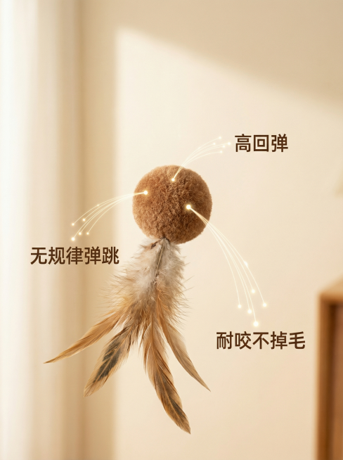 [主图2 核心卖点] 羽毛弹力球猫玩具核心卖点展示，居家治愈暖调风格，画面中心放置羽毛弹力球，用三条纤细引线分别连接弹力球本体和羽毛尾部，每个引线末端带定位光点，分别标注卖点："高回弹"、"无规律弹跳预览效果