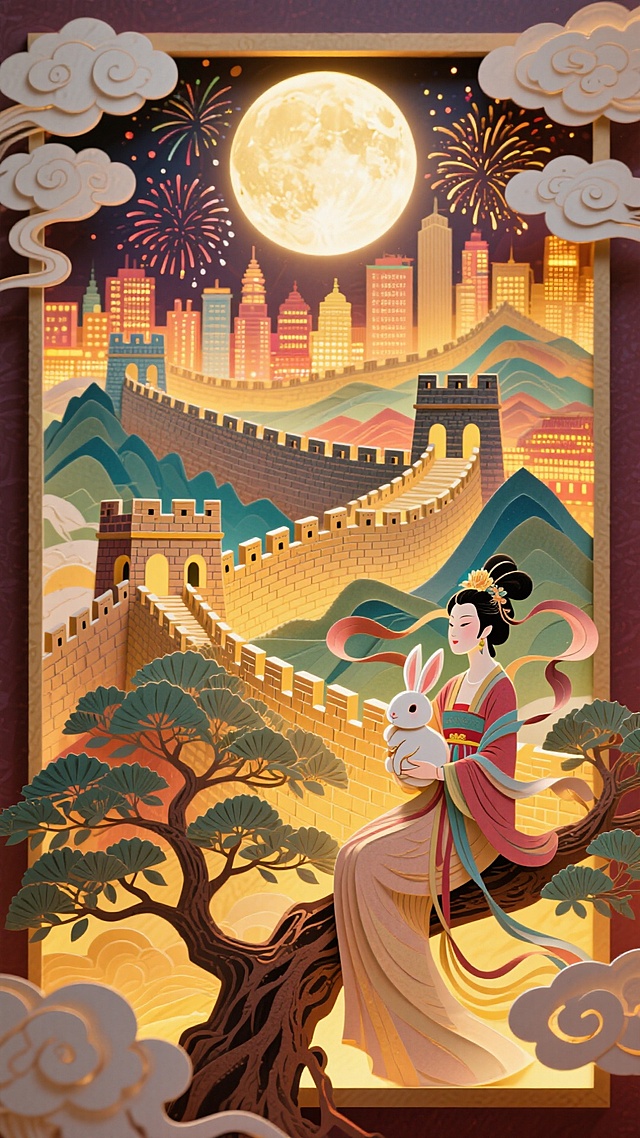 全景构图，近景是嫦娥抱着玉兔的坐在玉桂树上的侧影，中间是蜿蜒雄伟的长城和繁华的城市建筑，背后是圆月和烟花，画面四周祥云环绕，画面整体充满喜庆和华丽，画面呈现喜庆的暖色调