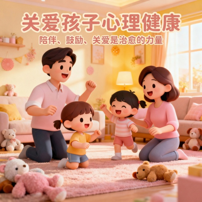 配字：
上面大字配：关爱孩子心理健康
下面小字配：陪伴、鼓励、关爱是治愈的力量预览效果