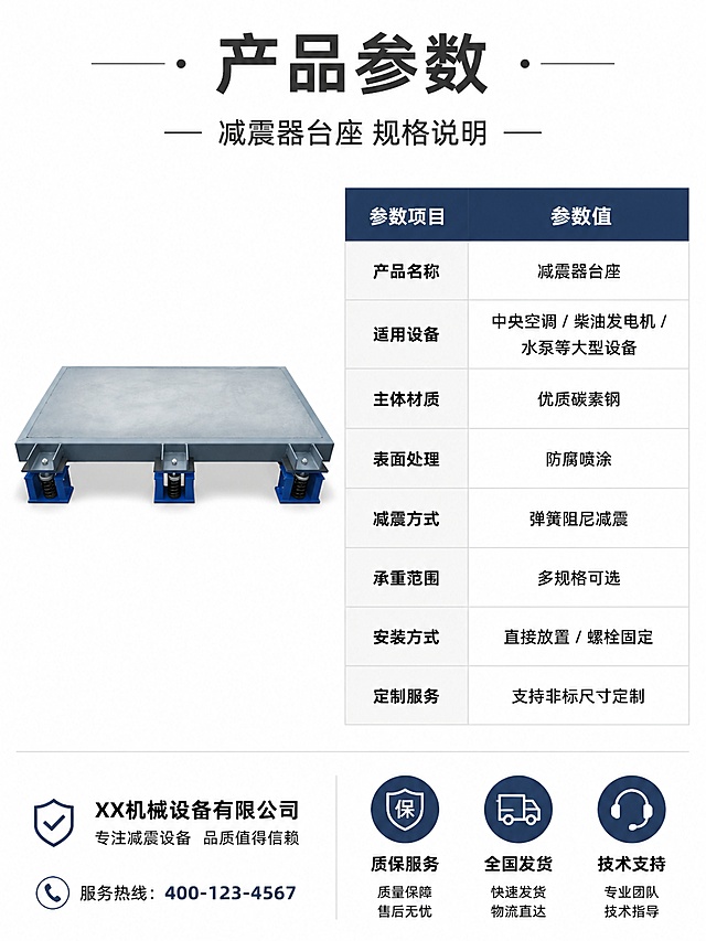 [第10屏] 规格参数-减震器台座产品参数表。本屏使用【图1】作为产品侧视小图配合参数表。
[氛围/风格] 工业参数表风，简洁严谨，信息清晰，白底专业感。
[元素布局] 左侧放置产品侧视立体小图，占比约35%；右侧为规格参数表格，多行多列清晰排列；表格上方为产品名称标题；表格包含：产品名称、适用设备、材质、表面处理、减震方式、承重范围、安装方式、定制服务等参数项；底部为厂家信息和服务承诺栏；背景为纯白色底，表格有浅灰分隔线。
[光影质感] 均匀柔光，产品小图清晰干净，无多余阴影，整体简洁明亮。
[配色色系] 全局底色 #FFFFFF 纯白；主色深灰 #333333；辅助色表头深蓝 #2C3E50；表格分隔线浅灰 #E0E0E0。
[视角构图] 左右分栏，左图右表，阅读动线从标题→左图→右表。
[文字版式] 顶部主标题「产品参数」，副标题「减震器台座 规格说明」；参数表左列为参数名称，右列为参数值：产品名称-减震器台座；适用设备-中央空调/柴油发电机/水泵等大型设备；主体材质-优质碳素钢；表面处理-防腐喷涂；减震方式-弹簧阻尼减震；承重范围-多规格可选；安装方式-直接放置/螺栓固定；定制服务-支持非标尺寸定制；底部服务栏：「质保服务」「全国发货」「技术支持」。
[比例分辨率] 3:4 竖版比例，4K 分辨率，文字清晰可辨，高清画质。
[负向提示词] 产品变形，表格模糊，文字过小，水印，颜色偏差，背景杂乱。