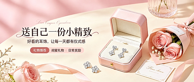 将图片调整为950x400像素的横版轮播图，保持原有的粉色首饰盒、花朵耳饰、玫瑰花束和'送自己一份小精致 好看的耳饰，让每一天都有仪式感'文字内容，粉米色桌面背景，整体横向布局，风格保持不变