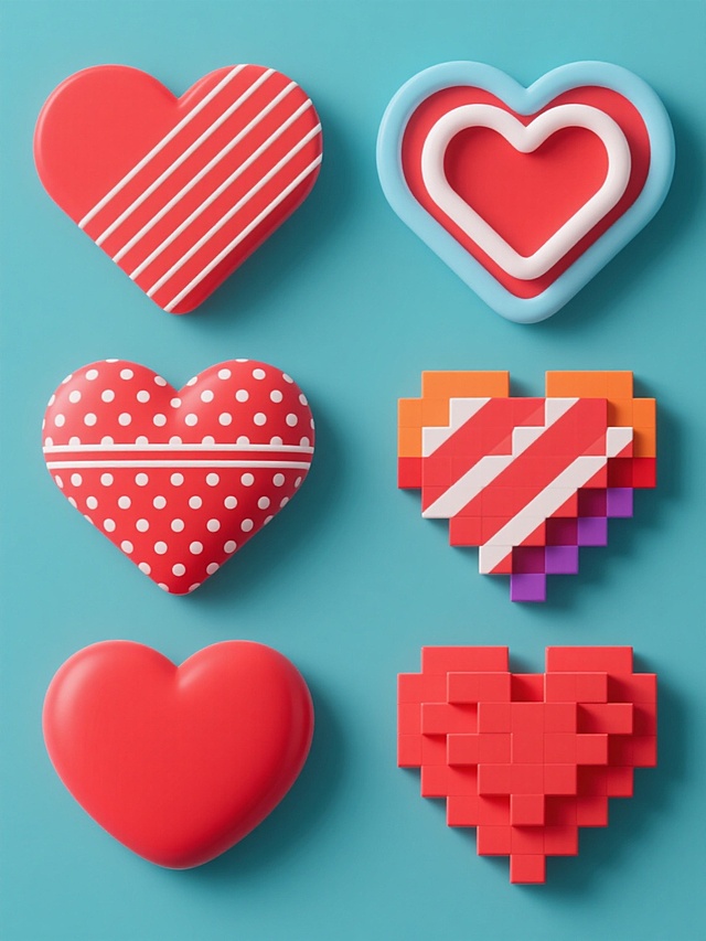 纯色背景上，以软3D风格呈现九个完全不同造型的爱心元素系列素材集合，规整排布成三行三列网格状。爱心元素包含：左上为斜向白色细条纹填充的红色爱心，中上为简约无填充红色几何心形，右上为双层白色轮廓嵌套的红色爱心，左下为密集白色小圆点填充的红色爱心，中左为水平白色细条纹填充的红色爱心，中右为像素风格红色爱心，中下为斜向白色粗条纹填充的红色爱心，中下为纯红色实心爱心，右下为像素风格红色爱心。整体色彩变换为[请在此处指定具体颜色，例如：清新蓝、活力橙、优雅紫等]，保持各爱心元素的独特纹理和形状特征，每个爱心具有轻微的立体凸起感和柔和阴影，营造出柔和的3D视觉效果，整体设计简洁现代，信息传达清晰，适合作为装饰或设计素材使用。