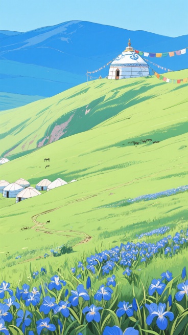 二次元，草原山坡，细节丰富，绿色和蓝色，民族风，生成2张，不要人，4k，9:16预览效果
