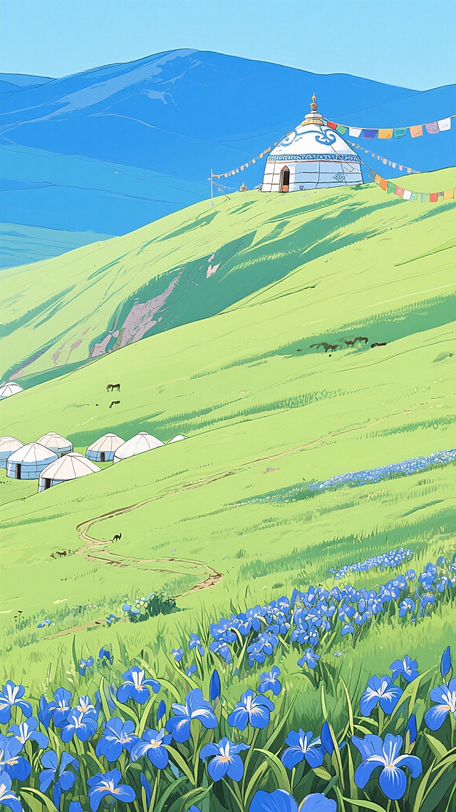 二次元，草原山坡，细节丰富，绿色和蓝色，民族风，生成2张，不要人，4k，9:16