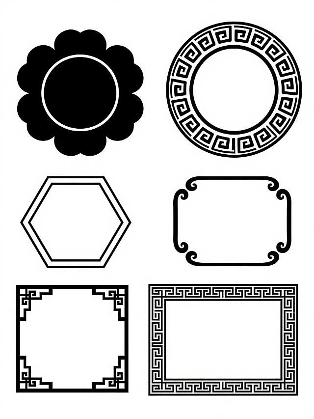 中国传统纹样边框集合，包含多种不同造型的边框设计，每个边框均为纯黑色线条勾勒，线条粗细均匀，细节精致，背景为纯白色，边框样式包括：顶部左侧为花瓣形边缘的圆形边框，顶部右侧为带有连续回纹图案的圆形边框，中间左侧为正八边形边框，中间右侧为四角带有简化云纹装饰的矩形边框，底部左侧为四角带有传统中式纹样装饰的矩形边框，底部右侧为边缘带有连续回纹图案的矩形边框，所有边框均保持对称平衡的构图，整体呈现出典雅、古朴的传统中式设计风格，线条清晰流畅，无任何文字、二维码及多余装饰元素。