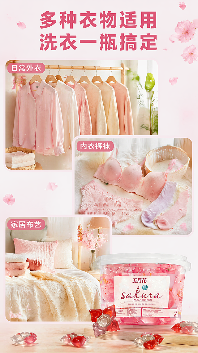 [第5屏] 樱花香洗衣凝珠多场景适用展示拼图。本屏使用【图1】产品特征，保持产品外观一致。
[氛围/风格] 生活化多场景拼贴，清新柔和粉色调，真实居家氛围，温馨舒适质感。
[元素布局] 顶部标题区域，下方分为三格不同场景拼图：左上日常衣物、右下贴身内衣、下方家居织物，每个场景展示洗衣后带有樱花香气的使用场景，产品放置在整屏右下方，作为主体突出。每个场景用圆角边框区分，场景之间留空隙不拥挤。
[光影质感] 每个场景光线自然统一，居家场景光线柔和温暖，产品光影与场景融合，整体明亮通透。
[配色色系] 全局底色：#FFF5F8（浅粉）；场景边框：#F0A8C8（浅粉）；文字：#333333（深灰）；场景自然色彩融合整体粉色调性。
[视角构图] 错位拼贴构图，顶部标题，下方不规则三格场景，产品主体在右下角稳定画面，9:16竖版排版，移动端浏览舒适。
[文字版式] 顶部主标题「多种衣物适用 洗衣一瓶搞定」粉色粗字居中；每个场景角落标注场景名称：「日常外衣」「内衣裤袜」「家居布艺」，白色字配半透明粉色底，不遮挡场景主体。文字大小适合移动端阅读，清晰可辨。
[比例分辨率] 9:16竖版比例，4K分辨率，文字清晰可辨。
[负向提示词] 场景重叠拥挤，产品变形，颜色偏差，文字模糊，边框错乱，背景杂乱。