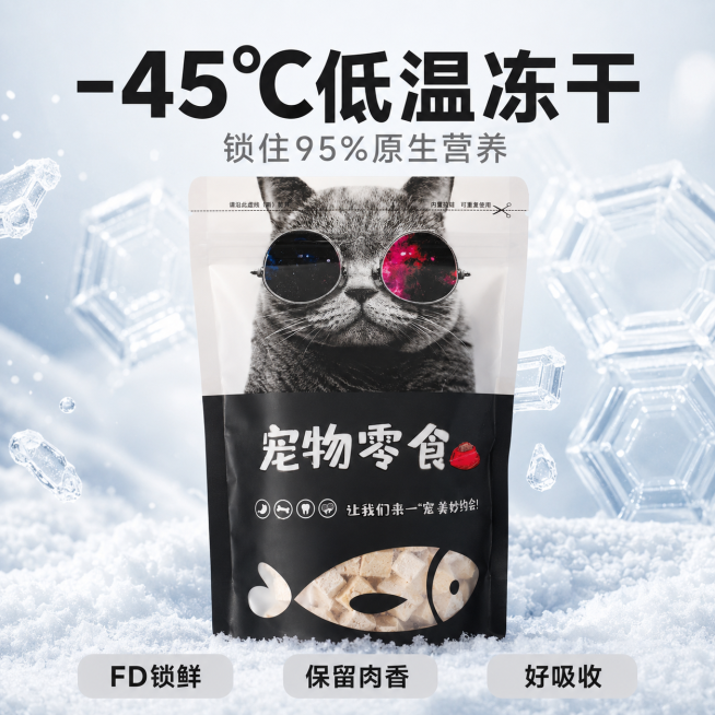 [主图3] -45℃低温冻干工艺宠物零食电商主图。氛围风格：专业科技感宠物食品商业摄影，突出工艺优势。画质：商业摄影质感、光线柔和通透、产品清晰真实、画面干净高级。元素：保持原产品包装外观（物理结构、预览效果