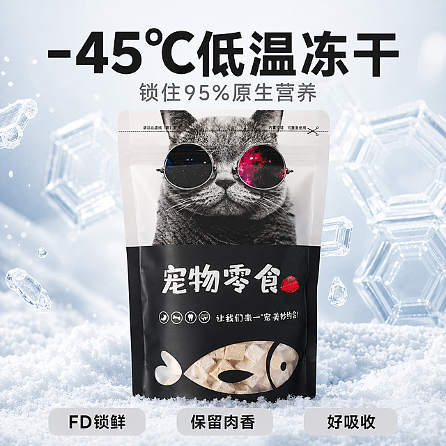 [主图3] -45℃低温冻干工艺宠物零食电商主图。氛围风格：专业科技感宠物食品商业摄影，突出工艺优势。画质：商业摄影质感、光线柔和通透、产品清晰真实、画面干净高级。元素：保持原产品包装外观（物理结构、材质质感、颜色）与输入图片绝对一致，杜绝任何变形和色差，精细化处理。产品包装居中展示，搭配微观冻干晶体纹理示意图在背景浅淡呈现，突出冻干工艺，背景简约干净。文字不遮挡产品主体，顶部居中放置大字主标题"-45℃低温冻干"，主标题下方放置小字副标题"锁住95%原生营养"。画面下方横向排列三个卖点标签：FD锁鲜 保留肉香 好吸收，标签为浅灰底黑字。光影：柔和均匀的影棚光线，主体突出，背景干净，科技感氛围。配色：主标题使用黑色，浅灰底搭配黑字，整体保持黑白蓝干净配色。视角构图：平视居中构图，画面满铺无边框。文字版式：主标题为黑色加粗无衬线字体；副标题为灰色小字；卖点标签横向均匀排列，文字清晰。比例分辨率：1:1 正方形比例，2k 分辨率，文字清晰可辨，超高清。负向提示词：变形，水印，文字错乱，产品图模糊，背景杂乱，遮挡主体。