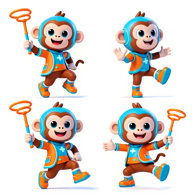 请用一个小猴子的形象来设计一个ip形象，沪大圣，主要是做互联网医疗app的预览效果