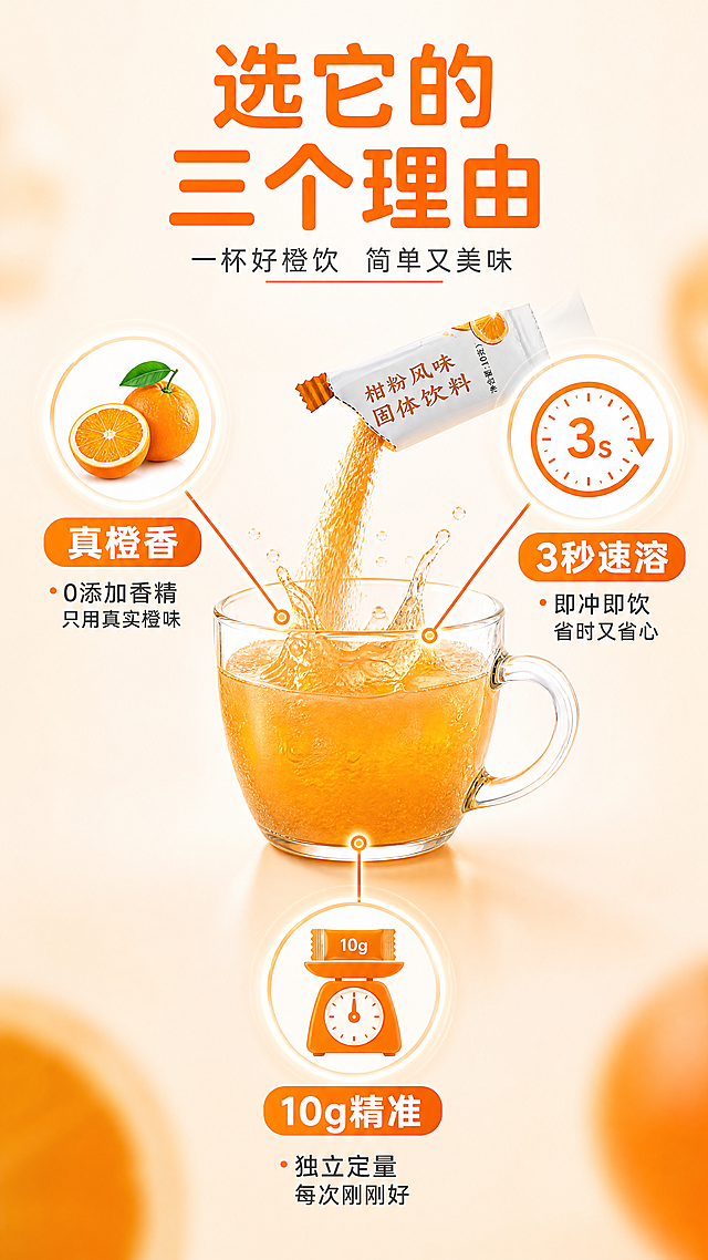 [第8屏] 卖点拆解屏-三大核心理由. [氛围/风格] 信息图表风, 简洁有力, 商业质感, 无冗余装饰. [元素布局] 【图1】产品杯居中微仰视，三组引线从杯身向外辐射：①左上-原料图标+‘真橙香｜0添加香精’；②右上-时钟图标+‘3秒速溶｜即冲即饮’；③下方-秤图标+‘10g精准｜独立定量’；背景为浅橙渐变柔焦。[光影质感] 产品主光均匀，引线图标轻微发光效果，文字区域无阴影干扰。[配色色系] 全局底色：#FFF8F0；主体：#FF9933（产品）+#FFFFFF（杯）；辅助：#FF6600（标题/图标）+#333333（说明）。[视角构图] 中心聚焦式，引线呈120°分布，避免交叉；动线：中心产品→三方向卖点。[文字版式] 顶部主标题‘选它的三个理由’；每理由：图标+短标题（≤6字）+说明句（≤8字）; 统一字体：圆角黑体，主色#FF6600。[比例分辨率] 9:16, 4K, 文字清晰可辨. [负向提示词] 理由重复, 图标模糊, 引线杂乱, 文字过小, 产品变形, 背景喧宾夺主.