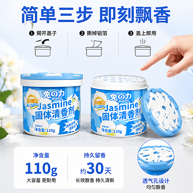 [主图-5] 规格与使用方式转化图，展示产品开盖使用方法与容量规格，推动决策。
[氛围风格] 简洁实用，信息清晰，决策型转化主图；
[画质] 商业摄影质感、光线柔和通透、产品清晰真实、画面干净高级。
[元素] 画面主体展示两个状态的产品：左侧是闭合状态的完整清香剂罐，右侧是开盖状态的清香剂（盖子取下放在罐体旁边），两个产品并排摆放，展示使用前后状态。产品前方有一只手（仅露出手腕和手指部分）正指向开盖的产品，演示开盖动作，手部姿态自然。背景为浅蓝白渐变，底部有浅灰色台面。周围点缀少量茉莉花装饰。画面右侧有一个圆形放大特写，展示盖子上的透气孔结构细节。**保持产品外观（即物理结构、材质质感、颜色、标签文字内容）与输入产品图一致，杜绝任何变形和色差，精细化处理；开盖结构合理，盖子与罐体匹配**。商品主体总占比约60%。
[光影] 左上方主光源，柔和均匀，产品立体感强，手部光影自然，整体明亮干净。
[配色] 主色天蓝+白色；辅色浅灰台面；强调色深蓝色（重点标注）。
[视角构图] 平视角度，双产品左右对称布局，手部动作在中间形成视觉引导，右侧放大特写补充细节。
[文字版式] 顶部大标题「简单三步 即刻飘香」蓝色粗体大号字，居中。下方三步流程，横向排列三步图标+文字：「① 揭开盖子」「② 撕掉铝箔」「③ 盖上即用」，每步配简笔图标，黑色中等字号。底部信息区左右分栏：左栏「净含量 110g」大号数字+小字说明，突出容量；右栏「持久留香 约30天」大号数字+小字说明，突出时效。右下角圆形放大图标注「透气孔设计 均匀散香」小字说明。
[输出要求] 1:1比例，文字清晰锐利，超高清商业摄影质感。
[负向提示词] 变形，文字错乱，产品图模糊，背景杂乱，水印，电商平台Logo，多余的手指，畸形手，融合手指，手部扭曲，肢体穿模，人物面部扭曲。