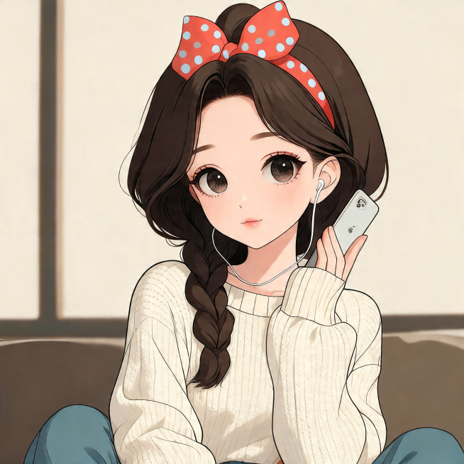 参考提供图片，保持相同动作：半侧身坐姿，手拿着手机放在脸颊旁，戴红色波点蝴蝶结发箍，单麻花辫长发，米白色针织衫，卡通插画风格，要求和参考图人物差异非常大，生成一张全新不同美女的正方形头像，高清晰，精致预览效果