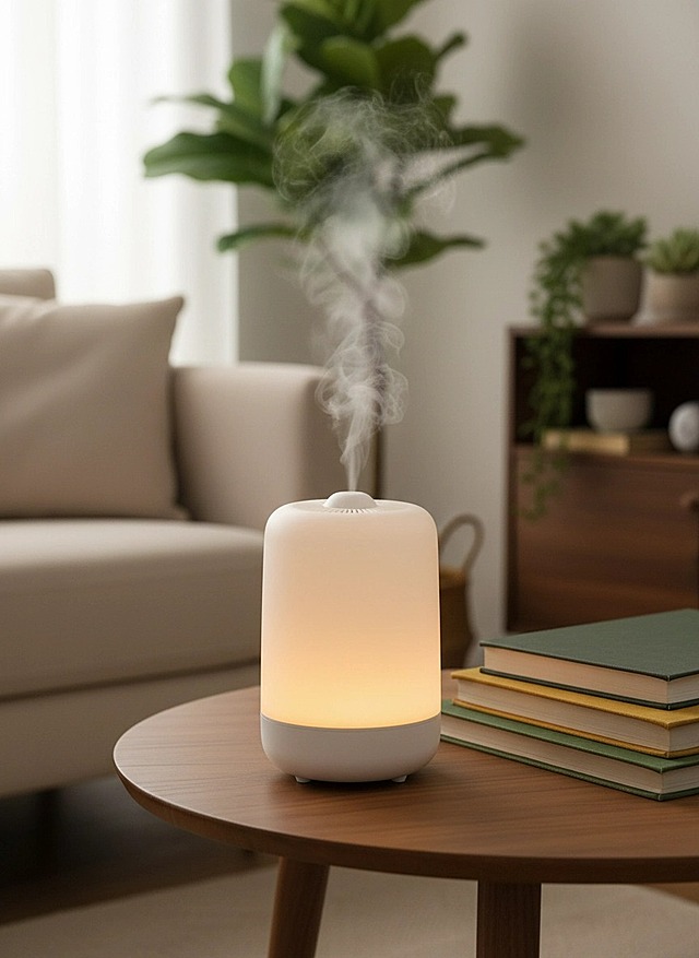 主体置于木质圆桌上，旁边有几本堆叠的书籍，背景是摆放着绿植、木质柜子和米色沙发的客厅，整体以暖色调为主