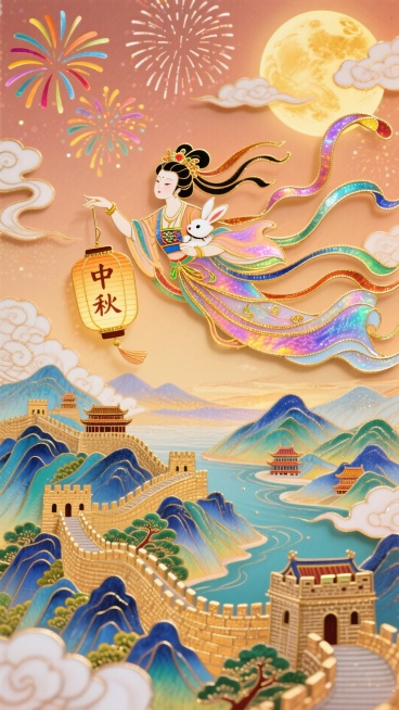 嫦娥抱着玉兔，手提写着中秋的灯笼（飞天姿势）奔月，下边是长城+山河+古建筑，层峦叠嶂，祥云环绕四周，空中有烟花，整体是暖色调预览效果