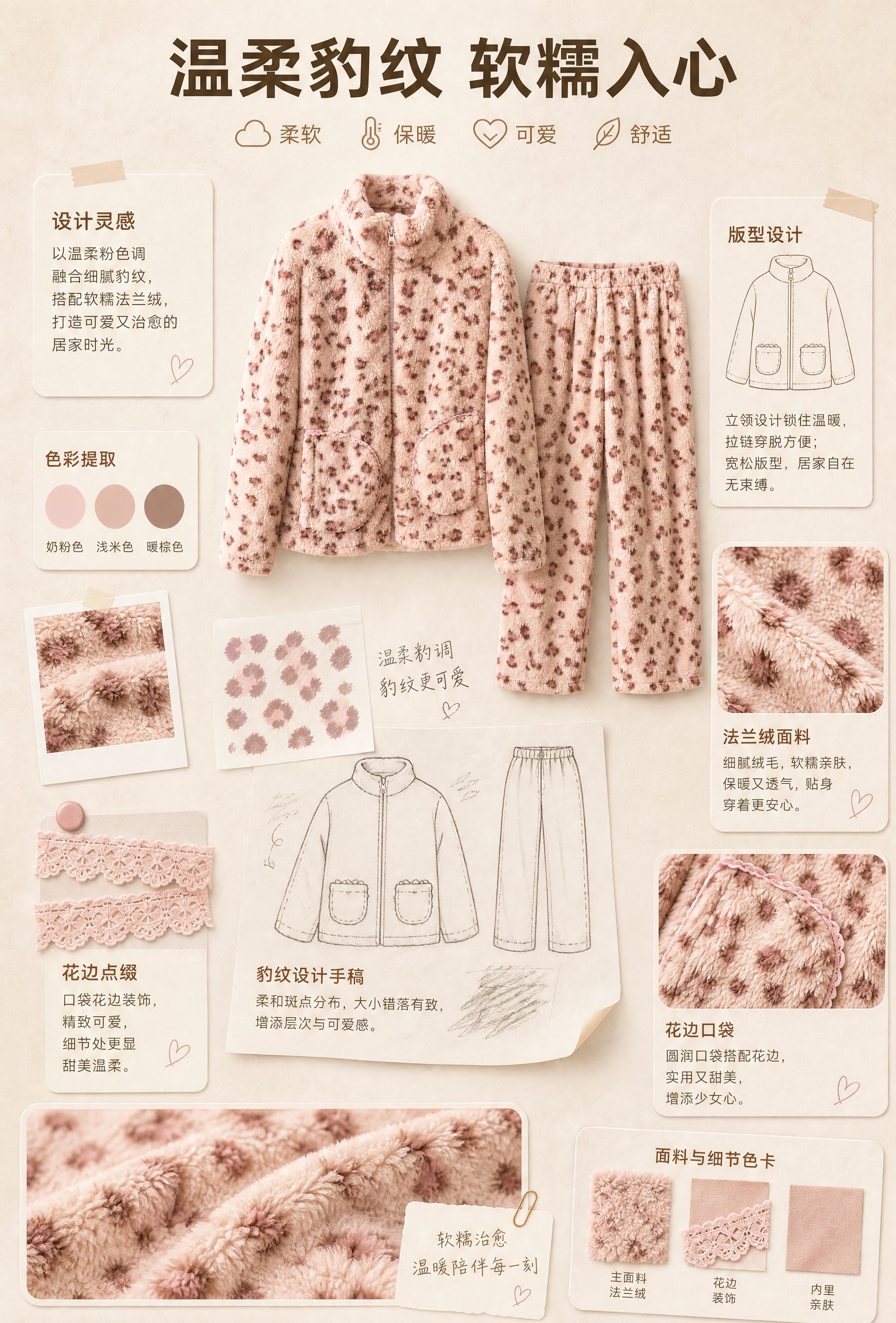 [详情图-2 设计理念] 粉色豹纹法兰绒立领拉链家居服套装 设… - 图片创意预览