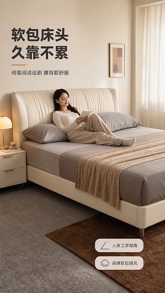 [商品] 使用【图1】半青系列高脚齐边床（天空色）；商品处理：保留软包床头、高脚齐边床身、天空米白颜色、整体比例结构；自然理顺面料褶皱，增强皮料质感，不改变版型和颜色。
[画面] 目标：沉浸体验页，展示真人靠卧使用的舒适感与卧室生活氛围。版式：场景满铺，一位亚洲女性半靠在床头（背部倚靠软包床头，手持一本书，姿态放松自然），床品整洁，旁有床头柜与暖光台灯；前景地毯，后景窗纱柔光；产品占画面约65%，人物与床自然融合。
[视觉] 套系策略：风格=现代轻奢家居商业摄影；标题字=现代无衬线粗体（思源黑体Heavy）；正文字=简洁无衬线体（思源黑体Regular）；主色=天空奶白（米白+浅灰蓝）；背景延展=基于天空奶白做深浅层级、同色渐变和细腻墙面/织物质感；强调色=雾霾蓝，仅用于小面积图标、引线和标签；标题色=深炭灰；正文色=中暖灰；组件=圆角浅底信息卡、细线引线、胶囊卖点框；光影=左前侧暖柔光，午后窗边漫射光，温馨慵懒。
[文字] 左上压暗角放主标题「软包床头 久靠不累」，副标题「倚靠阅读追剧 腰背都舒服」；右下角2个小标签：「人体工学倾角」「高弹软包填充」；文字不遮挡人脸和床主体。
[规格] 图片比例9:16竖版，4K分辨率，淘宝/天猫适配，中文文案，亚洲女性模特，避免变形、错字、文字过小、冷蓝/蓝灰背景、床颜色改变、版型失真、极限词、低俗。