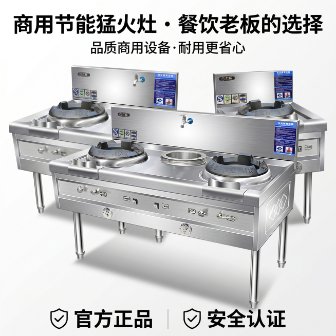 1:1 竖版电商主图，杂志风高级排版，严格还原商用节能灶产品图，产品尺寸比例保持 1:1。画面主体为节能灶全景展示，采用大气正面视角，背景为干净的白色渐变，搭配简约品牌元素点缀。主标题为黑色粗体 "商预览效果