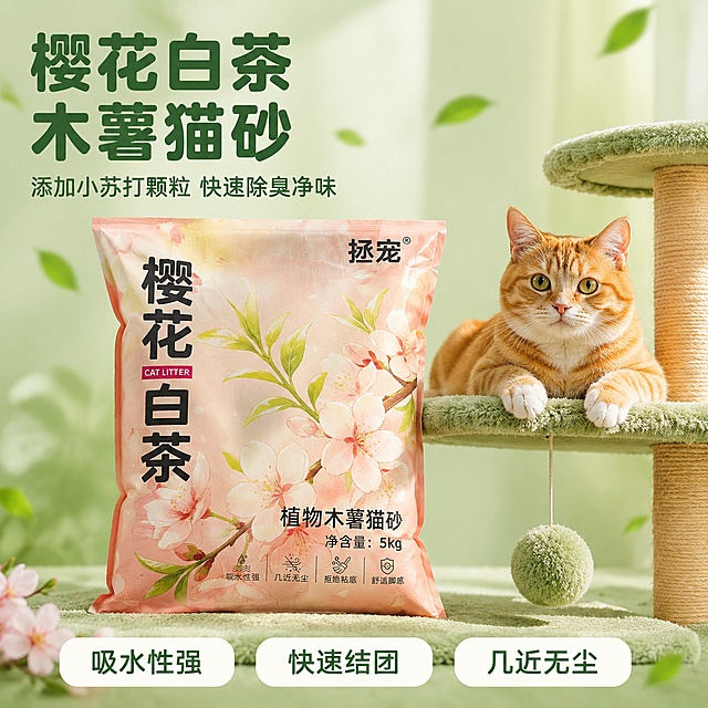 [主图-1] 樱花白茶植物木薯猫砂产品首图
[氛围风格] 清新自然，温馨居家，参考参考图的浅绿浅粉干净配色
[画质] 商业摄影质感、光线柔和通透、产品清晰真实、画面干净高级
[元素] 保持樱花白茶植物木薯猫砂包装外观（物理结构、材质质感、颜色）与输入产品图绝对一致，杜绝任何变形和色差，精细化处理。商品包装居中展示，右侧搭配一只橘色猫咪安静趴在猫爬架上的形象，猫咪作为情绪焦点，产品包装占比约65%。浅绿渐变背景点缀飘落的绿叶，画面干净清新
[光影] 自然模拟窗光，光线柔和均匀，猫咪毛色层次清晰，产品主体明亮突出，整体氛围干净通透
[配色] 主色调浅绿清新，浅粉辅助，与参考图配色保持一致风格
[视角构图] 平视视角，景深适中，产品和猫咪形成清晰视觉动线，画面满屏无边框
[文字版式] 左上负空间左对齐，大字主文案"樱花白茶木薯猫砂"，深绿色粗体圆润字体，大小对比清晰，下方小字"添加小苏打颗粒 快速除臭净味"，半高同色系。底部三个圆角白色卖点标签，分别为"吸水性强""快速结团""几近无尘"，每个标签内文字居中，绿色字体，风格清爽
[比例分辨率] 1:1比例，2048*2048，4k分辨率；文字清晰锐利，画面超高清
[负向提示词] 变形，文字错乱，产品图模糊，背景杂乱，水印，电商平台Logo