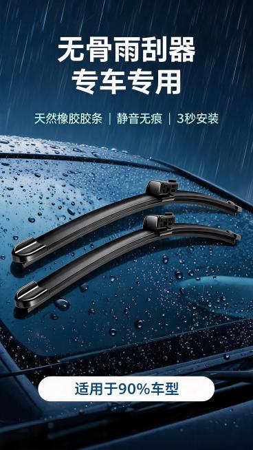 汽车无骨雨刮器，U型接口即插即用，适配90%以上车型。天然橡胶胶条，静音无痕。3秒安装，一年质保，破损包赔。深蓝色雨天场景，产品居中展示，水滴效果。大标题白色粗体"无骨雨刮器 专车专用"，副标题浅蓝"预览效果