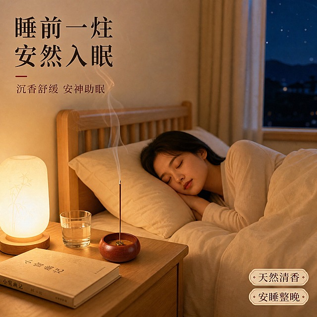 [主图-7] 沉香线香卧室助眠使用场景，突出安神助眠功效与睡前仪式感。
[统一基调] 简约中式禅意风，暖调柔光，米白+浅木色为主背景，主标题深墨色，辅助文字浅褐色，强调色朱砂红，字体为宋体衬线体，整体干净雅致留白充足。
[画面] 温馨卧室夜景，浅木色床头柜上放着实木香插（插着一根点燃的线香，青烟袅袅），旁边有一盏暖光小夜灯、一本合上的书、一杯温水。床上铺着米白色床品，一位女性（东方人，温婉气质，长发披肩）侧卧在床上闭眼熟睡，表情安详。窗帘半拉，窗外是深蓝色夜空与点点星光。香插保持原图实木铜孔外观。
[光影质感] 小夜灯暖黄微光为主光源，光线昏暗柔和，线香的火光隐约可见，青烟在微光中飘渺，整体氛围宁静安详有睡意。
[配色] 暖黄灯光+米白床品+浅木色家具+深蓝夜色，整体暖调静谧。
[文字版式] 左上角主标题"睡前一炷 安然入眠"，下方小字"沉香舒缓 安神助眠"，右下角轻标签"天然清香""安睡整晚"。
[输出要求] 1:1正方形，2048x2048，人物自然无畸形，香插外观准确，睡眠氛围真实，文字清晰，无错字，无水印。