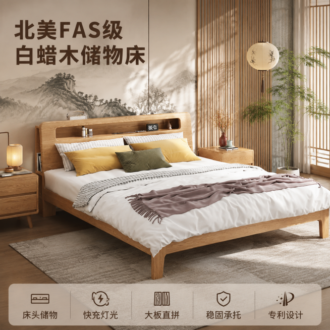 [主图 1] 北美白蜡木多功能储物实木床首图，国潮新中式装修风格卧室背景。[氛围风格] 温馨居家生活感，国潮新中式东方雅致。[画质] 商业摄影质感、光线柔和通透、产品清晰真实、画面干净高级。[元素]预览效果