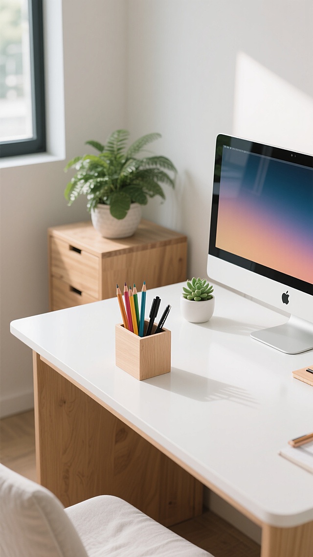 一张布置精美的书桌特写，采用简约现代风格，桌面为纯净的白色，搭配浅色木质桌面收纳盒，内有几支彩色铅笔和黑色签字笔，桌面右侧放置一台屏幕显示着渐变色界面的电脑，旁边有一盆小型绿色多肉植物，书桌旁的木质矮柜上摆放着一盆茂盛的绿植，整体画面光线明亮柔和，呈现出清晰的光影效果和细腻的材质质感，营造出简洁、舒适、富有生活气息的居家办公或学习场景氛围，不同场景可替换为书房、卧室角落、客厅窗边等位置，布置上可调整绿植种类、文具样式、桌面小摆件等细节，保持整体简约现代的设计风格和明亮温馨的氛围。