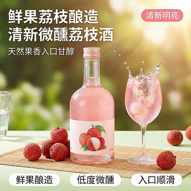 [主图 1：首图点击率] 荔枝酒商品主图首图，清新明亮风格，拼多多平台。荔枝酒瓶放置在清新木质野餐垫上，瓶身周围散落着新鲜饱满的红荔枝，荔枝酒液体呈现通透粉红色，杯中酒液带有飞溅动态效果，杯壁挂着晶莹冷凝水珠，自然暖阳逆光拍摄，突出通透感和新鲜食欲。主色调为清新浅粉色和原木色，搭配淡绿色背景点缀。正视角平视拍摄，主体产品居中占比60%，背景全屏无边框。左上角文字版式：主标题“鲜果荔枝酿造”“清新微醺荔枝酒”，副标题“天然果香入口甘醇”，右上角淡粉色圆角标签标注“清新明亮”，底部三个卖点胶囊：“鲜果酿造” “低度微醺” “入口顺滑”，字体为白色无衬线体，文字均悬浮于背景留白处不遮挡产品主体，整体打造高性价比的诱人氛围。
