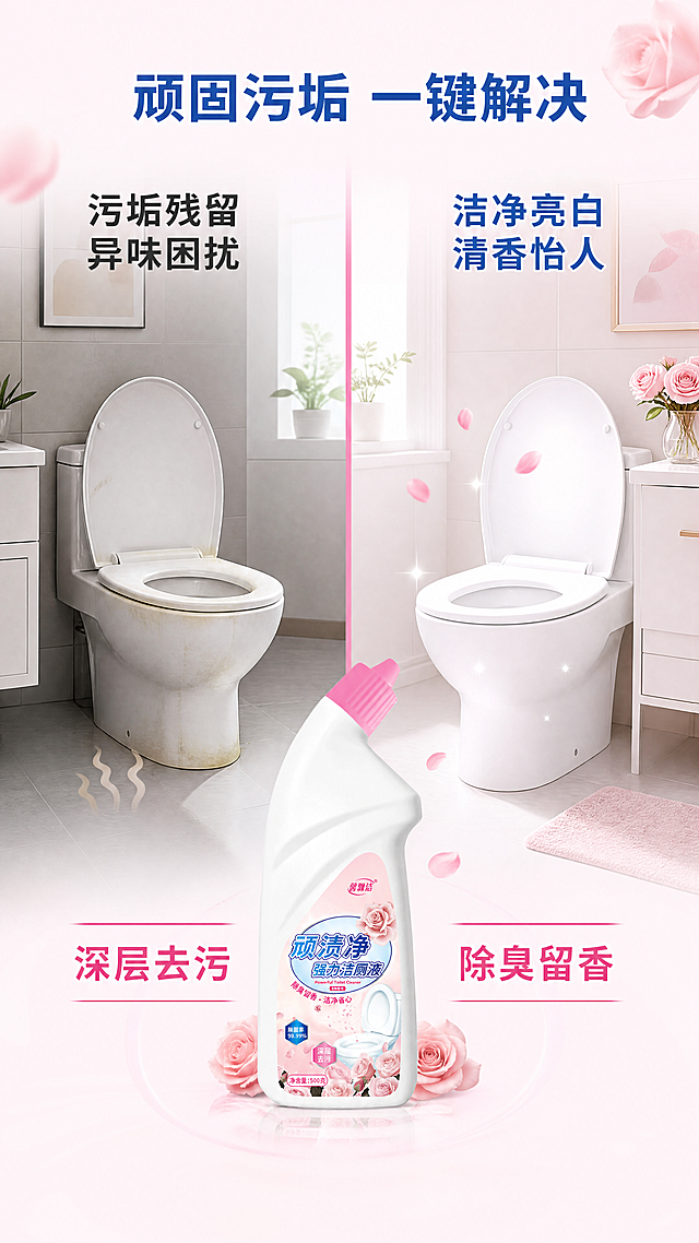 [第2屏] 详情页痛点对比屏，顽渍净强力洁厕液使用前后效果对比展示。
[氛围/风格] 真实清晰对比风格，明亮温馨家居感，左右分屏对比版式，商业质感干净明快。
[元素布局] 画面左右分屏对比，左右两屏都以卫生间场景为背景。左屏展示使用前：马桶边缘有淡淡的黄渍异味困扰，色调偏暗沉；右屏展示使用后：使用顽渍净强力洁厕液清洁后马桶洁净亮白，搭配玫瑰花瓣装饰，色调明亮清新。输入产品图【图1】放置在画面底部居中，保持产品结构、颜色、包装文字与原图一致，占底部区域约30%高度。左右对比分区清晰，中间用淡粉色竖线分隔。
[光影质感] 整体光照均匀明亮，左右对比光影一致，产品瓶身高光清晰，整体明暗层次自然。
[配色色系] 全局底色：#FFF5F8；对比区域：左屏偏灰调，右屏亮白调；分割线：#F687B3；文字：左标题深灰#333333，右标题蓝色#2B5CB4。
[视角构图] 左右对称对比构图，顶部主标题，中部对比场景，底部产品展示，动线清晰符合从上到下阅读习惯。
[文字版式] 顶部居中主标题"顽固污垢 一键解决"蓝色加粗字体；左侧痛点标题"污垢残留 异味困扰"，右侧解决标题"洁净亮白 清香怡人"，每个区域标题清晰，底部产品上方标注核心卖点"深层去污 除臭留香"，文字不遮挡对比主体，大小适中移动端清晰可读。
[比例分辨率] 9:16竖版比例，4K分辨率，文字清晰可辨，超高清。
[负向提示词] 产品变形，包装文字错乱，过度恶心污渍，颜色偏差，水印，文字模糊，背景杂乱，构图不均。