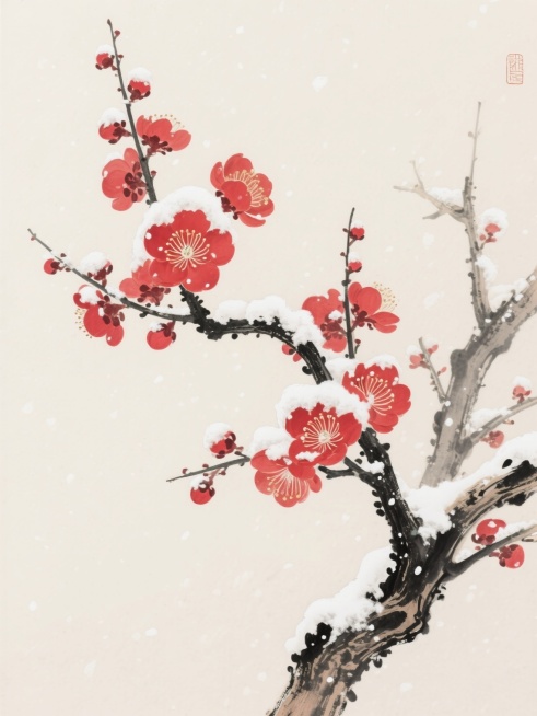 中国传统工笔花鸟画风格，以细腻的笔触描绘雪中盛开的红梅，枝干苍劲有力，墨色浓淡相宜，呈现出自然的纹理与立体感。红色梅花花瓣层次分明，色彩鲜艳饱满，花蕊清晰可见，部分花瓣上覆盖着洁白的积雪，积雪质感蓬松，边缘柔和。背景为干净的米白色宣纸底色，营造出素雅宁静的氛围，画面中点缀着细小的雪花飘落效果，增强冬日意境。整体构图疏密有致，枝干从右下角向左上方延伸，展现出动态的平衡美感，保持工笔画特有的精致与……预览效果