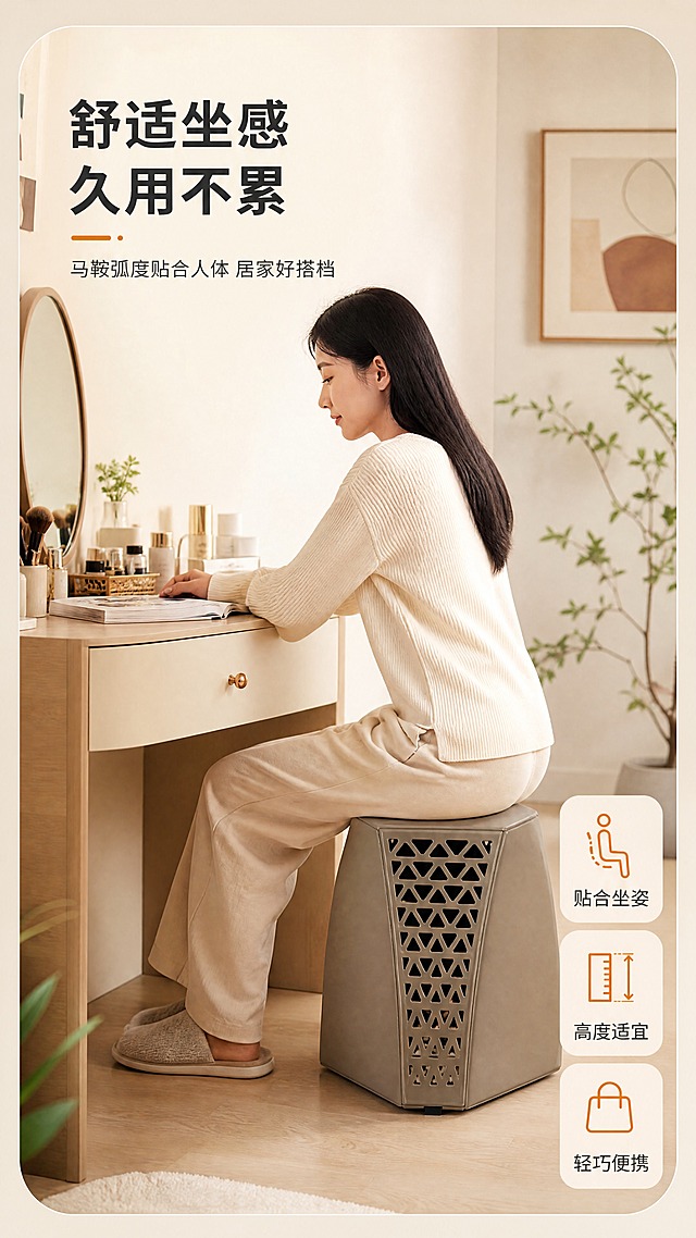 [商品] 使用【图1】中卡其色DM-8817镂空凳；保留六边切面造型、三角镂空纹样、马鞍硬皮质感和卡其色颜色；产品结构比例与原图一致。
[画面] 目标：沉浸使用体验页，展示真人居家坐靠使用场景。场景嵌入标签型版式，画面为明亮梳妆台/书桌场景，一位亚洲年轻女性侧身坐在镂空凳上，身体微微前倾，手放在桌面上，自然放松姿态；产品位于画面中下部，主体占画面约40%，45°侧角；前景桌面有化妆品/书本，后景虚化白墙+装饰画+绿植，三层景深；暖调自然光，营造舒适居家氛围。
[视觉] 套系策略：风格=现代简约轻北欧高级商业摄影；标题字=思源黑体粗体；正文字=思源黑体常规体；主色=暖米杏；背景延展=基于暖米杏做深浅层级、同色渐变和细腻哑光墙面/木纹质感；强调色=暖橙色，仅用于小面积图标、引线和标签；标题色=深炭灰；正文色=中暖灰；组件=圆角浅底信息卡、细线引线、胶囊卖点框；光影=左前侧暖柔光，柔和阴影。
[文字] 画面左上角落放主标题「舒适坐感 久用不累」，副标题「马鞍弧度贴合人体 居家好搭档」；右下角3个小图标卖点「贴合坐姿」「高度适宜」「轻巧便携」；文字不遮挡人物和产品主体，移动端清晰可读。
[规格] 图片比例9:16竖版，4K分辨率，quality=medium；避免变形、错字、文字过小、冷蓝/蓝灰背景、产品颜色改变、结构失真、极限词、欧美面孔。