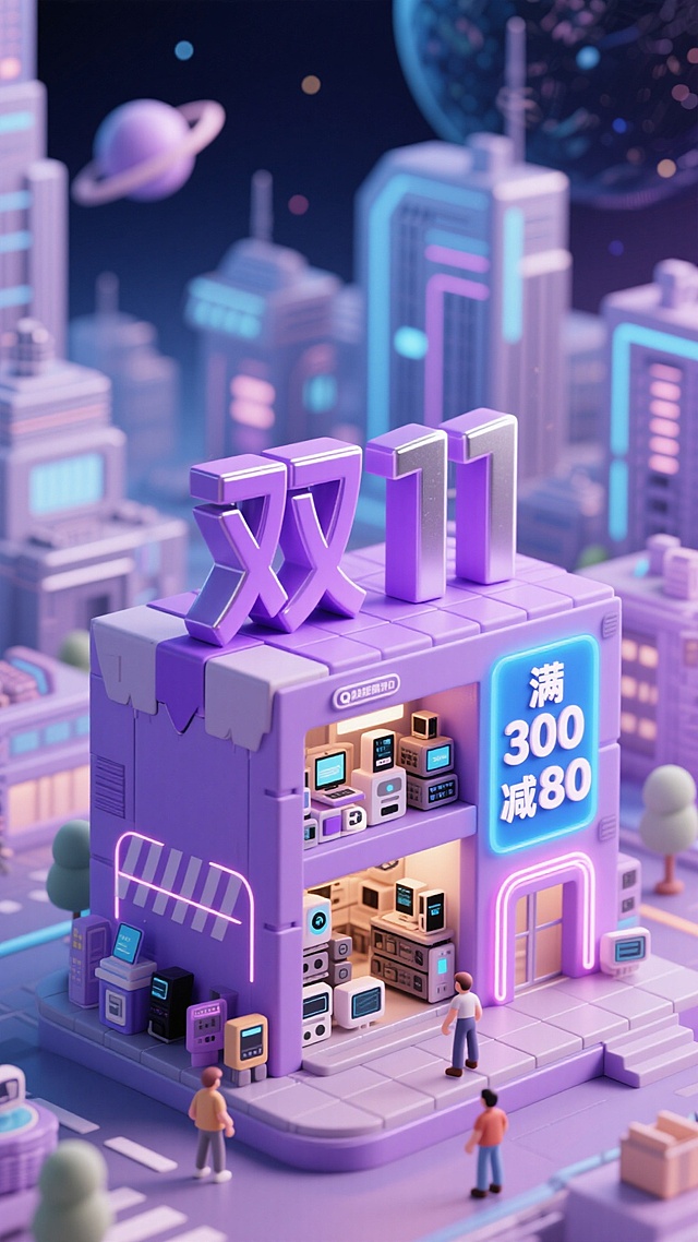 未来感与科技感交织的3D微缩艺术风场景，霓虹灯点缀的虚拟现实城市中，卡通风格店铺呈现双11促销氛围，充满梦幻与酷炫的塑料质感设计。
