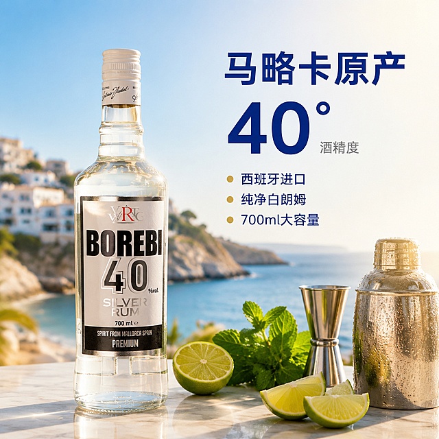 [主图-2] 珀莱比白朗姆酒产地溯源与核心卖点图
[氛围风格] 地中海阳光风情 产地溯源感 清新明亮
[画质] 超高清商业摄影 光线自然柔和 产品清晰真实 画面干净有质感
[元素] 珀莱比白朗姆酒瓶位于画面左侧三分之二处 瓶身45度斜侧展示 保持产品外观与输入图完全一致 杜绝变形色差。背景为西班牙马略卡岛地中海海岸风光 湛蓝海水与白色建筑远景虚化 前景为浅米白色大理石台面 台面上摆放新鲜青柠 薄荷叶 金属调酒壶 量酒器等调酒工具 营造原产地与调酒场景结合的氛围。瓶底有自然柔和的倒影与接触阴影 玻璃质感通透。商品主体占比约60% 画面满屏无边框。
[光影] 自然暖阳逆光从右后方照射 穿过瓶身形成通透光晕 正面左侧补柔光提亮标签细节 整体光线明亮温暖 有地中海阳光感 阴影柔和不生硬
[配色] 主色海蓝 米白 辅色青柠绿 暖金
[视角构图] 平视角度 产品在左 场景在右延伸 景深较大 背景虚化但可辨识海岸风光
[文字版式] 右上负空间右对齐留安全边距 主标题大字"马略卡原产" 深蓝色粗体无衬线最大号 下方超大数字"40°" 深蓝色加粗 旁边小字"酒精度" 浅灰色 再下方三行卖点短句左对齐 深蓝色中号 "西班牙进口" "纯净白朗姆" "700ml大容量" 每行前有金色小圆点装饰
[输出要求] 1:1比例 文字清晰锐利 超高清商业摄影质感
[负向提示词] 变形 文字错乱 产品模糊 背景杂乱 水印 电商平台Logo 多余手指 手部畸形