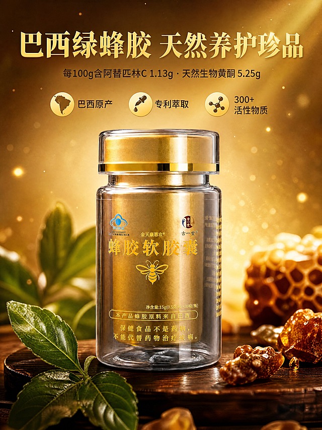 [商品] 使用【图2】古一堂蜂胶软胶囊产品图；保留透明瓶身、金色内瓶、金色瓶盖、瓶身所有文字（古一堂、金天康恩农、蜂胶软胶囊、蜜蜂图案、净含量、巴西原料声明、保健食品标识等）、产品结构比例和材质质感；产品清晰化处理，增强瓶身光泽与金色质感，不改变包装文字和结构。
[画面] 页面目标：高端头图海报，突出巴西绿蜂胶顶级品质与核心成分含量；构图：上标题+中产品主体+下原料氛围，产品居中偏下占画面55%，瓶身正面朝向观众，略微仰视凸显高端感；前景散落蜂胶颗粒与酒神菊叶片，中景产品置于深色原木台面上，背景金色渐变光晕+微粒光斑，营造滋补品高级氛围；前中后三层景深。
[视觉] 套系策略：风格=金色高端滋补保健品商业摄影；标题字=宋体粗体带金色渐变字效；正文字=简洁黑体；主色=金棕色；背景延展=基于金棕色做深浅层级、径向渐变光晕和细腻金属/丝绒质感；强调色=深琥珀金，仅用于小面积图标、引线和标签；标题色=深金色渐变；正文色=暖棕金；组件=圆角金色信息卡、细线金色引线、圆形icon；光影=左前侧暖金柔光，产品轮廓光，背景逆光光晕。
[文字] 顶部主标题「巴西绿蜂胶 天然养护珍品」，副标题「每100g含阿替匹林C 1.13g · 天然生物黄酮 5.25g」，下方3个圆形icon卖点：巴西原产、专利萃取、300+活性物质；文字均横排，不遮挡产品主体；字号保证手机端清晰可读。
[规格] 图片比例3:4竖版，4K分辨率，负向提示：避免变形、错字、文字过小、冷蓝背景、产品颜色改变、瓶身文字错乱、模糊不清、绝对化用语。
