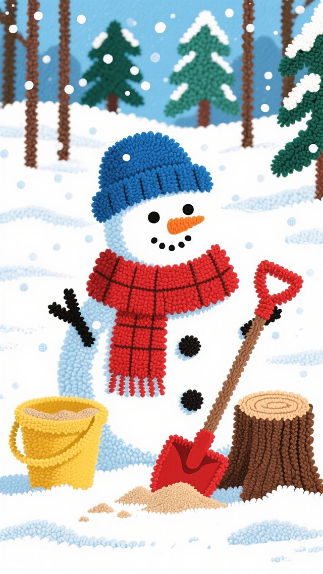 戴蓝色帽子、红格纹围巾的微笑雪人，黄色桶（配红色铲子）、树桩；背景为飘雪的雪地松林