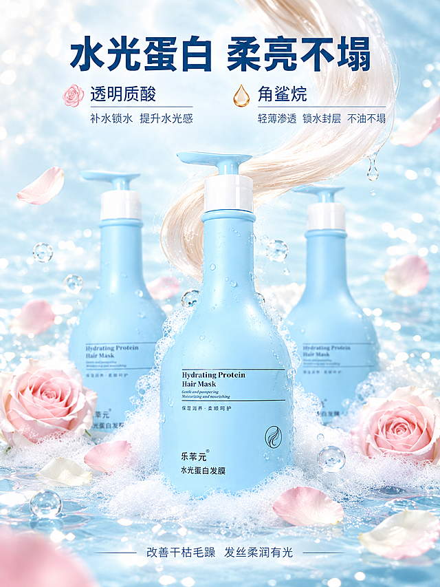 [主图-3] 生成淘宝/天猫3:4竖版水光质地主图，主题为水光蛋白柔亮效果与玫瑰泡沫氛围，复刻第2张参考图的浅蓝水面、白色泡沫与粉玫瑰环绕风格，主体必须替换为输入图1中的浅蓝色水光蛋白发膜瓶。
[统一基调] 奶油白到浅蓝的柔和渐变背景，主标题深海军蓝粗黑体，辅助文字灰蓝色细黑体，强调色玫瑰粉与淡金，同一套图只使用这一种字体系统。
[画面] 三瓶浅蓝色泵头发膜以前方一瓶居中、后方两瓶虚化的构图立于浅蓝色水面上，水面波光粼粼、白色细腻泡沫包裹瓶身底部，周围漂浮盛开的粉玫瑰与散落花瓣、晶莹气泡和水滴；瓶身上方加入一缕顺滑柔亮的发丝弧线，体现水光感；保持瓶身、泵头、标签文字与输入图完全一致。
[光影质感] 商业护肤品广告摄影质感，明亮通透柔光，泡沫细腻、水波透亮，瓶身高光清晰，产品与水面接触自然。
[配色] 浅蓝水面与白色泡沫为主，粉玫瑰与淡金点缀，深海军蓝标题，浪漫清透不杂乱。
[文字版式] 顶部大标题"水光蛋白 柔亮不塌"，深海军蓝粗黑体；下方两组成分标签："透明质酸 补水锁水 提升水光感"、"角鲨烷 轻薄渗透 锁水封层 不油不塌"；底部小字"改善干枯毛躁 发丝柔润有光"；画面中文清晰横排，不加平台Logo、水印、不使用"最/第一/100%"等绝对化用语。
[输出要求] 3:4竖版比例，产品清晰无变形、文字清晰可读；禁止把参考图中的AI水印或异形瓶身文字带入画面，禁止错字、模糊、水印、平台Logo。