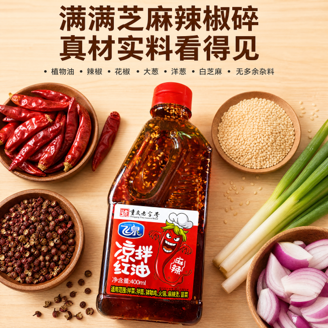 [主图-3] 凉拌红油细节成分展示主图。[氛围风格] 真实食材展示，干净通透，突出真材实料。[画质] 商业摄影质感、光线柔和通透、产品清晰真实、画面干净高级。[元素] 红油产品瓶身居中，产品前方围绕摆预览效果