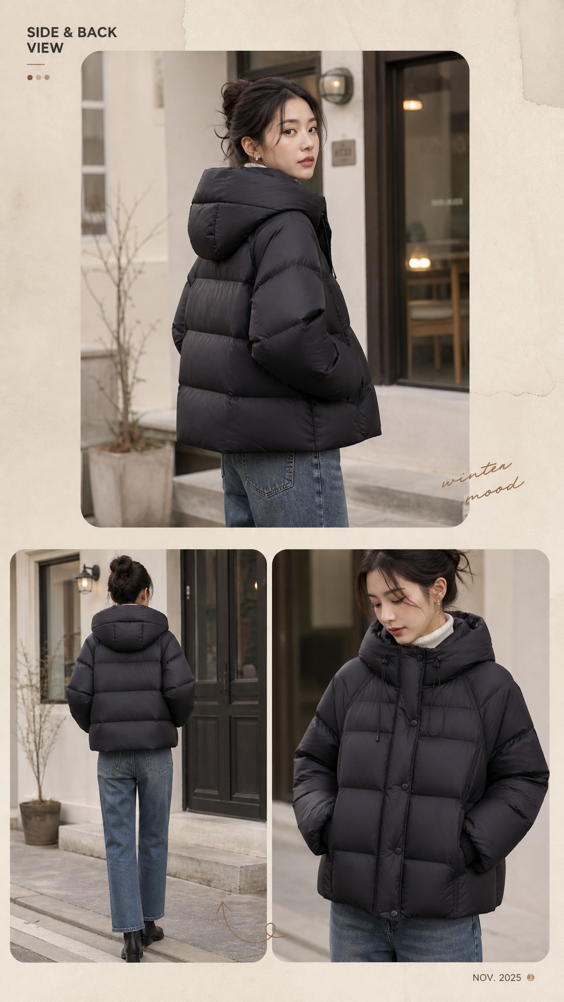 [商品] 使用【图1】黑色连帽短款羽绒服；商品处理：保留连帽抽… - 图片创意预览