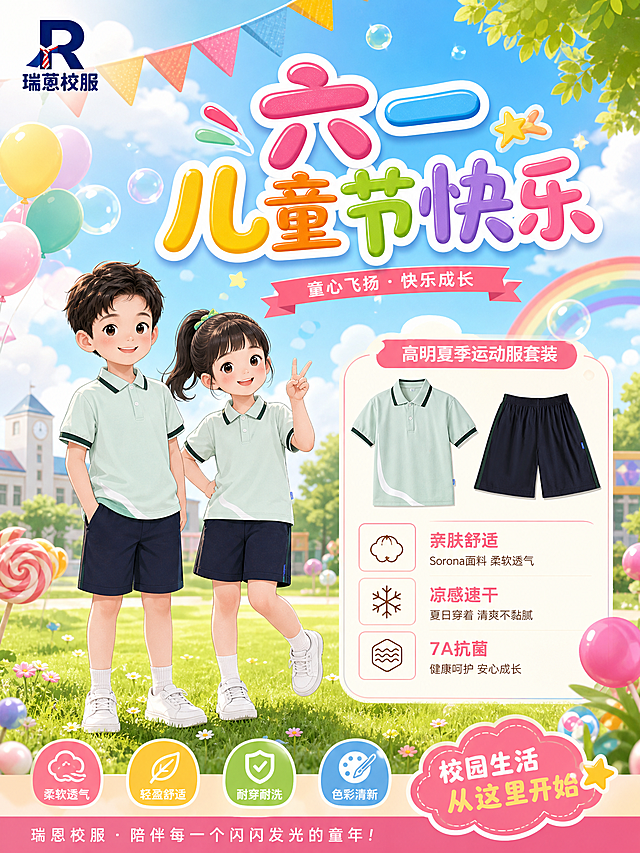 儿童节主题卡通风格海报，卡通儿童穿着高明浅绿色短袖深蓝色短裤夏季校服，充满童真童趣的欢乐儿童节氛围，左上角加上瑞蒽校服R形LOGO