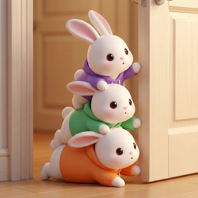 用这三只小兔，做趴在门边，一个在一个头上趴着偷看的动作预览效果