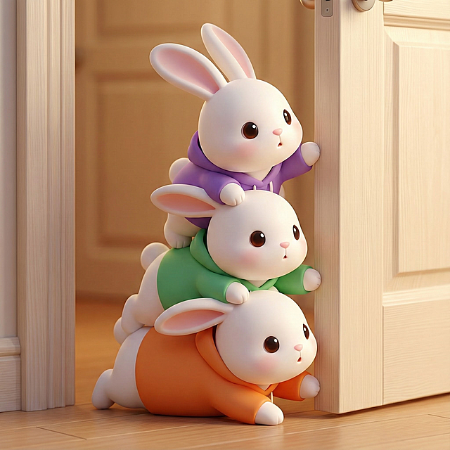 用这三只小兔，做趴在门边，一个在一个头上趴着偷看的动作