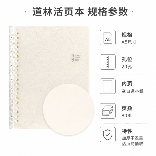 [主图-5] 道林活页本规格参数总结
[氛围风格] 简洁明了 帮助决策
[画质] 干净清晰 商业棚拍质感
[元素] 道林活页本完整居中放置，背景纯白，周围整齐排列核心参数信息，以图标加文字形式呈现。保预览效果
