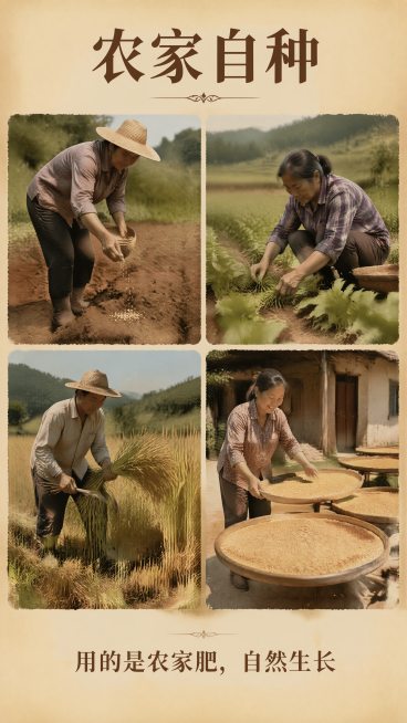 [第4屏] 农家种植实景拼贴画，展示播种、除草、收割、晾晒四场景。
[氛围/风格] 拼贴画风格，真实农家气息，复古拼接，自然质朴。
[元素布局] 2行2列四个小方块，左上播种、右上除草、左下收割、右下预览效果