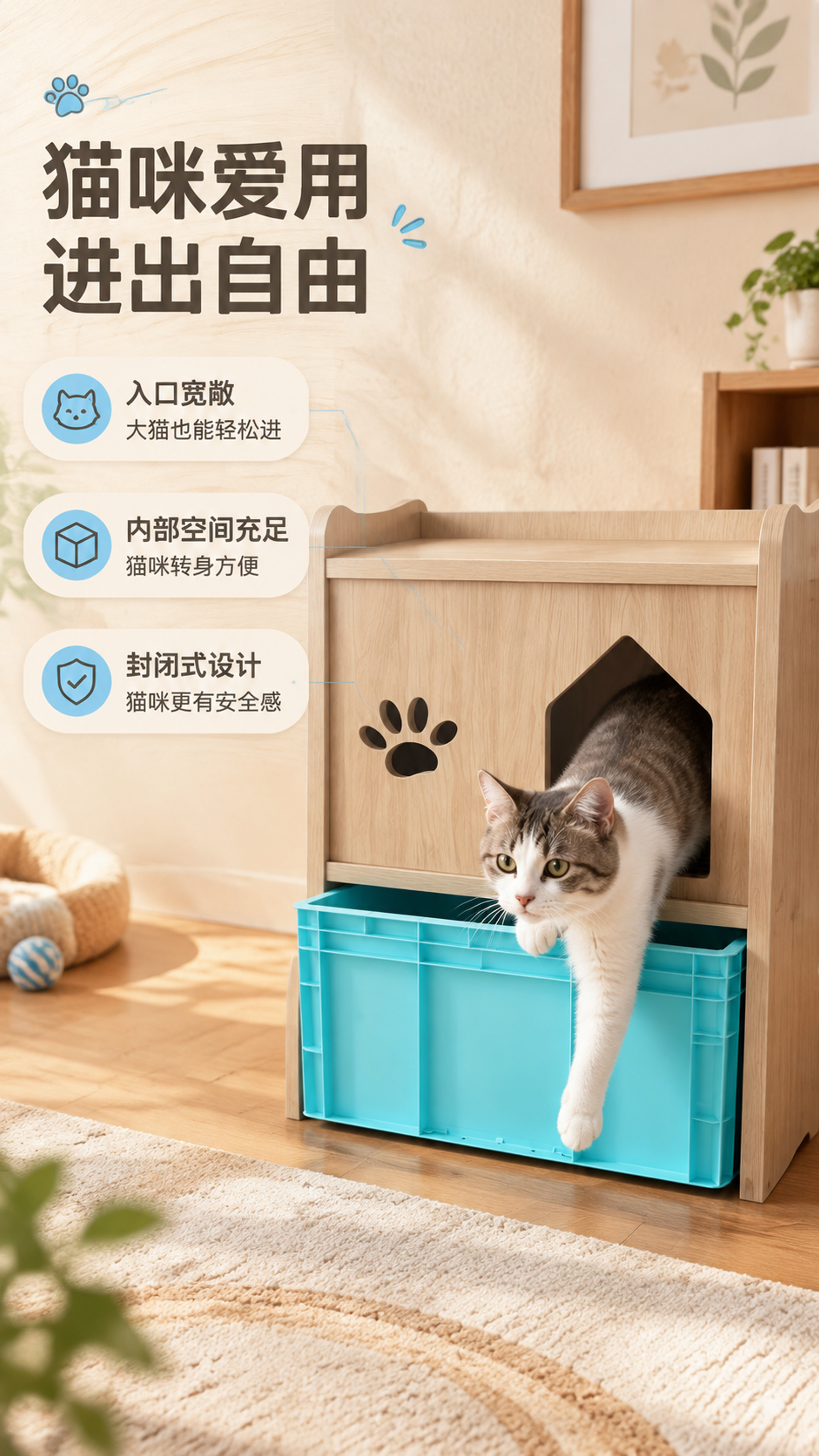 [商品] 使用【图1】【图2】浅原木色猫砂柜；保留房屋形入口、… - 图片创意预览